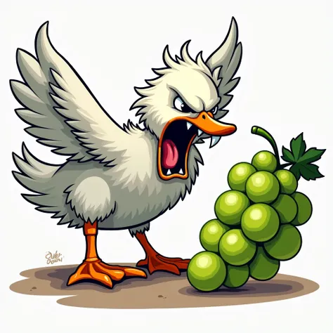 Logo. Angry goose with teeth hisses at green grape. Side view.