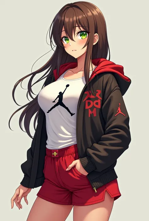 1girl, Long Hair, green eyes, anime girl, jordan clothes, Looking at viewer, Brown Hair, Simple background, , Anime, huge breasts, full body, huge ass