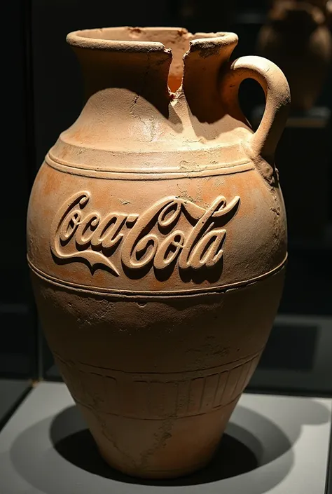 une jarre Romaine antique, finement sculptée mais cassées  et abîmé, retrouvée au fond de la mer avec le logo Coca-Cola visible dans un musee. incroyable decouverte