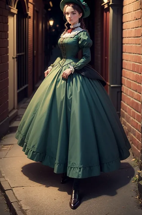 Noble ladies fashion full body in Victorian Era dress red, blue, green a conservative full body pose of a 1910 woman wearing a small hat and business attire and a long skirt , standing in a dark alleyway with gas lighting, a full moon in the background, be...