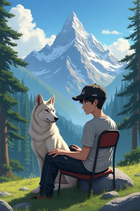 Create realistic picture where a BOY age 20 in a   casually on a  Chair with wolf .He wear black cap there is name on cap “WAJIII” and he is looks ahead. The background is mountain and trees