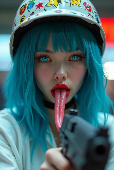 Create a  girl, With blue eyes neon , normal teeth,  blue hair, labios pintados de rojo,  very long tongue , She grabs a gun with her tongue,  workers helmet full of stickers, camisa blanca.