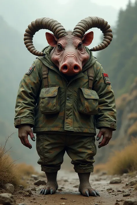 An ugly warthog with ibex horns.wearing army camouflage uniform 