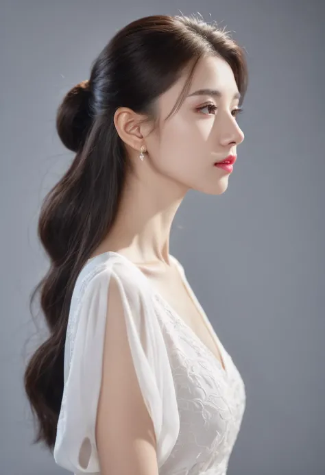 ((RAW, Best Quality, 16K, UHD )), A young cute profile woman, elegant, photorealistic, side view, looking at viewer, portrait, sexy long hair, ultra realistic, high detailed, high detailed skin, high quality, white dress, high detailed skin, high quality, ...