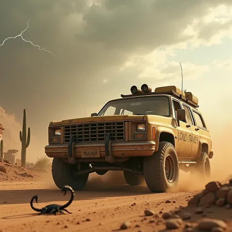 ((UHD,16k,HDR color,max detal ,max contrast ,photorealistic)) :  a car is driving through the desert on off-road wheels , covered in dust and mud ,rusty and old , movie style Mad Max , , the windshield is dirty and almost nothing can be seen through it,  t...