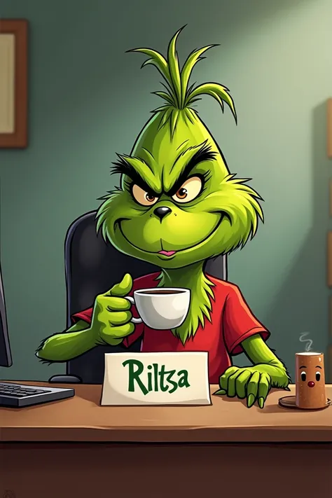 Grinch drinking coffee looking straight ahead at a desk with Rilitza sign 