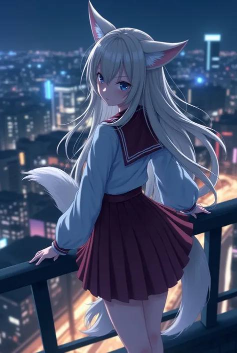 Anime nine-tailed fox girl with Japanese uniform have medium breast and super short student dress. She is leaning on railing at midnight. The city is under the railing.