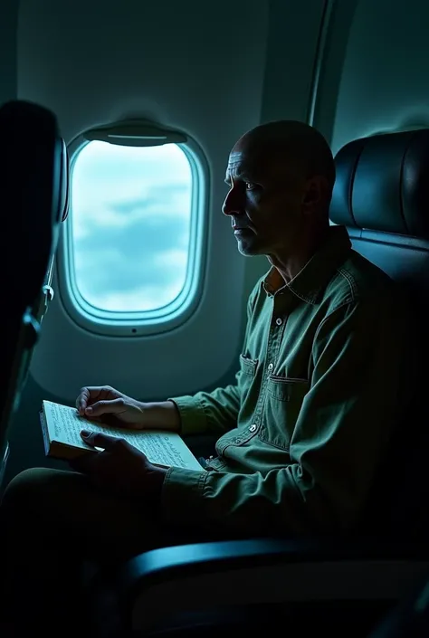 "Inside a dimly lit airplane cabin, the researcher sits in a window seat, isolated and trembling. His face is gaunt, his hollow eyes staring blankly out at the dark night sky as if seeing something no one else can. His hands shake uncontrollably, clutching...