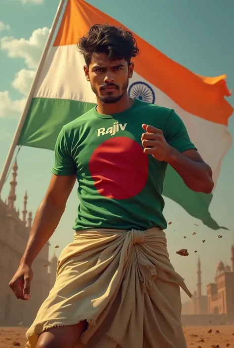 I am a 25 year old young man. I will be wearing a T-shirt in the colors of the Bangladesh flag. The name Rajiv will be written on the T-shirt. I will be wearing a tight-fitting lungi. I will hit India with my foot and the flag of Kalema will be behind the ...