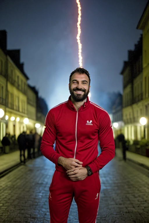 Photo réaliste dun barbu turc musclé (homme) dans un filtre ((skin-revealing skimpy Érotique red tracksuit, pectoraux massifs et poilus)), gros pectoraux, gros bras, , vpl, ((bokeh léger)), compliqué, (Métal en acier [rouiller]), élégant, Érotique, dégagea...