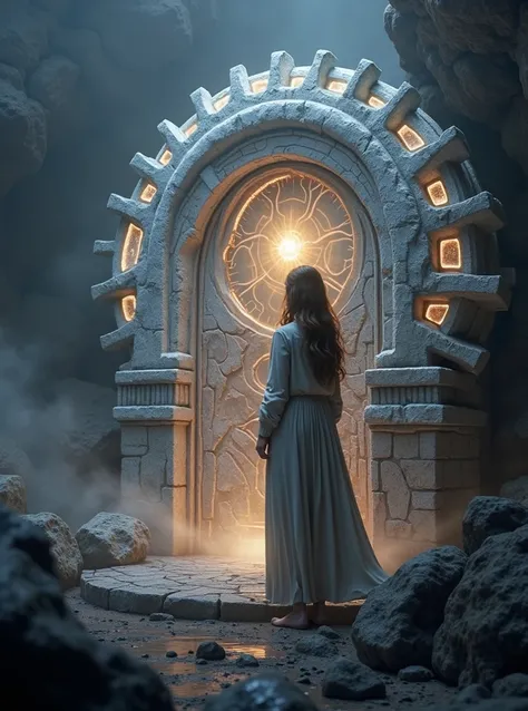 Scene: The magical portal

Description:

A magnificent, shining magic door, surrounded by stones and magical traces.

Emily stands in amazement, her face brightening with the golden light of the door.

Fog and glare coming out of the door.


