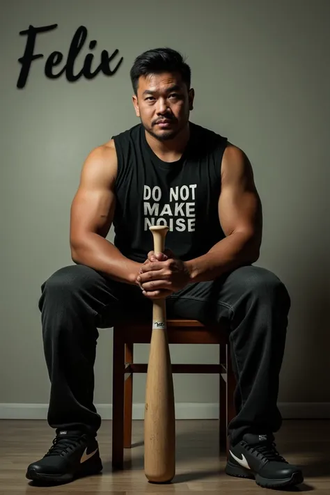  A full body asian man holding a baseball bat while sitting on a chair made of wood, wearing a black singlet T-shirt with a name on it"DO NOT MAKE NOISE " under black jeans , wearing Nike shoes with sangar facial expression , looks real ,cinematic, wall ba...