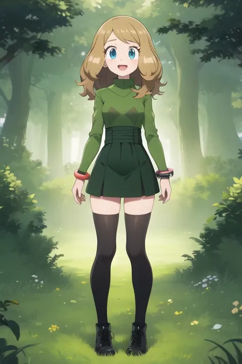 masterpiece, best quality, highres, aaserena, solo, long hair,  eyelashes, blue eyes, bracelet, high-waist skirt, black thighhighs, standing, field, , holding, smile, open mouth, cowboy shot, (full body) , (full body art) , (green outfit with black accents...