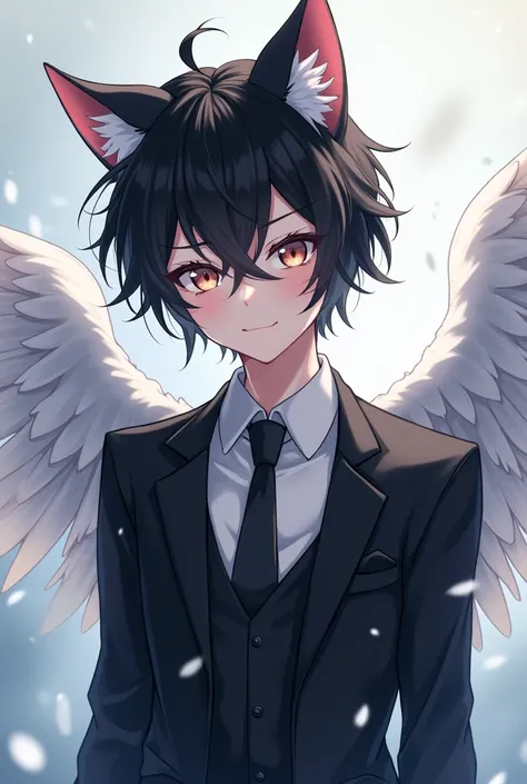 anime boy,  black hair,white eyes, cat ears ,  in a black suit,with angel wings, smiling