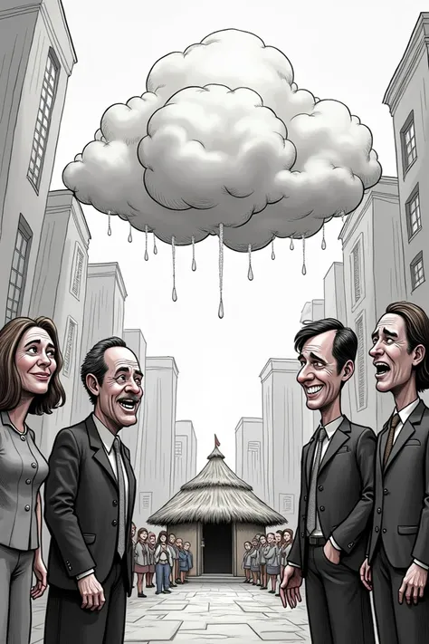 drawing of a rich happy people with tall buildings and below it is a cloud acting as a divisor then below the cloud is a sad poor people with a hut home editorial cartooning