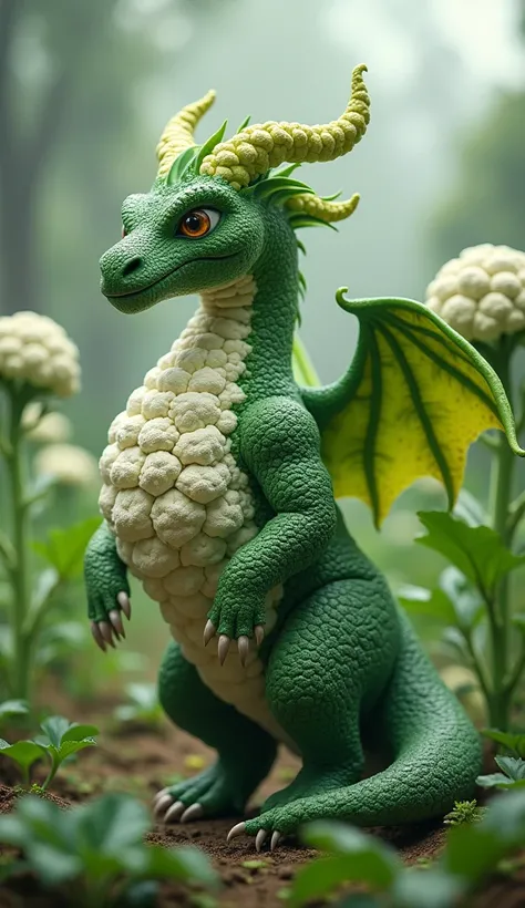 Create an image of a hybrid creature combining the features of a dragon and a cauliflower. The creature has a dragon’s powerful body, but its scales are textured like the bumpy surface of a cauliflower. Its wings resemble large, leafy greens, curling at th...