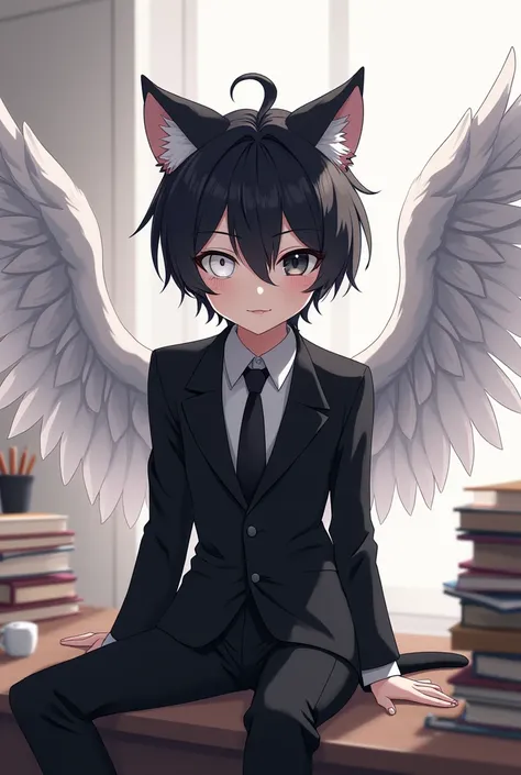 anime boy,  black hair,white and gray eyes, cat ears ,  in a black suit,with angel wings,on your desk 