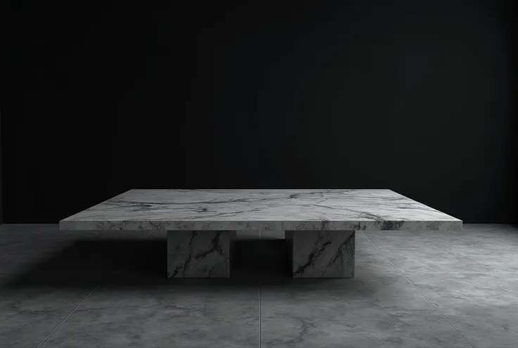 Professional 3D architecture rendering design of modern and minimal design. A marble table, rectangle, long,  aesthetic, grey floors, very luxurious. stunning, Realistic, stunning, photography. Contrast, surreal, Artistic chaos, serene.  grey marble, night...