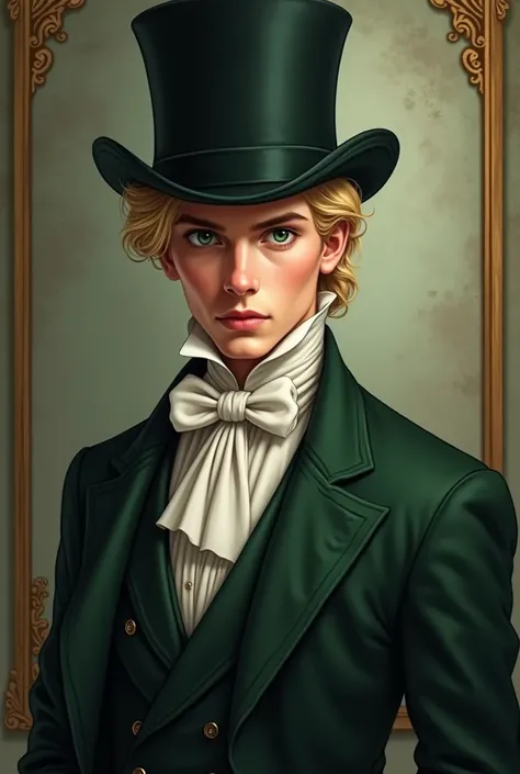 Drawn Portrait of a handsome blond gentleman, light blond hair, Ben Barns, 25 years old, dark green eyes, dark green suit, top hat, regency era, vintage fantasy Portrait art