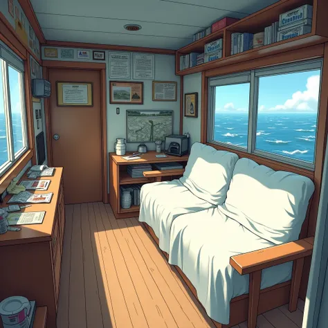 A modest small cabin of a sailor on a cargo ship, on the right a couch with a white sheet, anime style “Historys Strongest Disciple Kenichi”