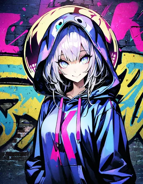 masterpiece,  top quality, 8k, detailed background, masterpiece,  top quality, smile,  ornament,  hoodies , Portraiture, Neon Purple, graffiti, dark, night, Shining Eyes,  black light ,