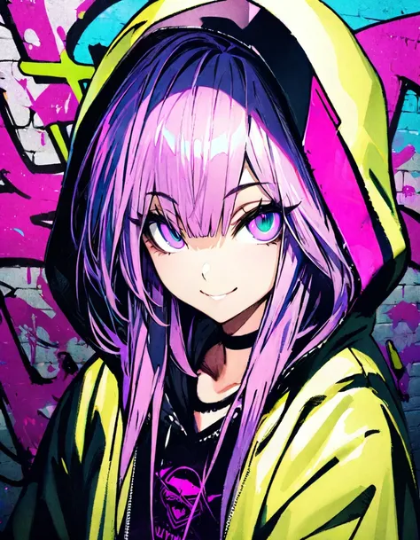 masterpiece,  top quality, 8k, detailed background, masterpiece,  top quality, smile,  ornament,  hoodies , Portraiture, Neon Purple, graffiti, dark, night, Shining Eyes,  black light ,