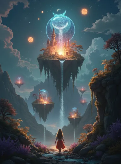 Scene: Enter the magical world

Description:

Emily steps into a wonderful new world, where floating islands, sparkling waterfalls, and light-filled plants.

The sky is full of purple and golden colors, two suns and one crescent are visible.



---