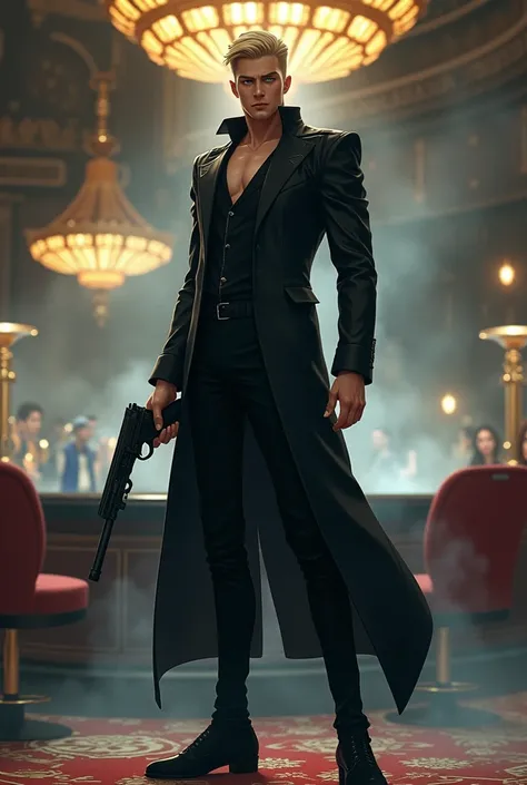 chico,  costume, thin face,  blue eyes , pale, Short blond hair,  gun in hand , high, muscles, Korean Manhwa style smoke ,  black shoes, mafia, Inside a casino,  full body