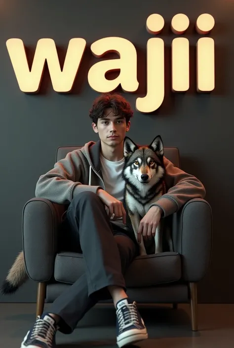 Create realistic picture where a BOY age 25 in a   casually on a  Chair with wolf .  and he is looks ahead to the camera. The background features “WAJIII” 3d fonts