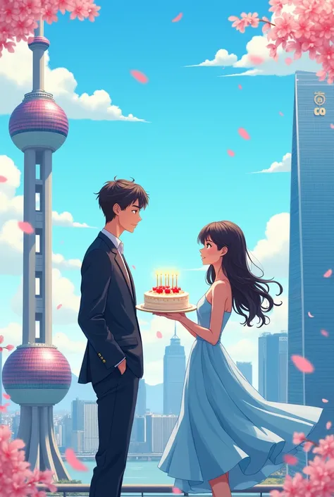  Please create a picture ， style Japanese fresh style 。 The left side of the picture is a boy 。Wearing a suit， About 20 years old ，The background is the Oriental Pearl of Shanghai， The right side of the picture is a girl ， The background is ifc 。 girl wear...