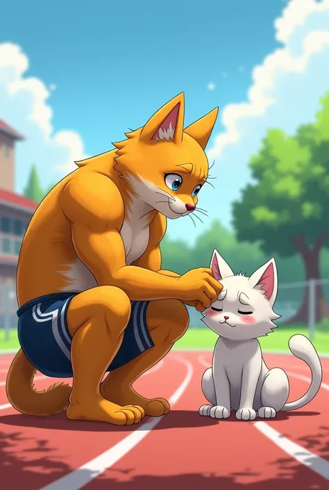 "A touching and emotional scene on a sunny day at a school track field. A muscular, golden-furred anthropomorphic cat in athletic shorts kneels slightly, gently placing a comforting paw on the shoulder of a frail, white humanoid cat, who looks dejected and...