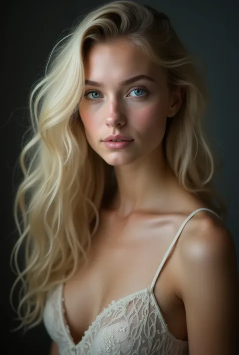 Create a blonde with blue eyes ,  with long curly hair, wearing a dress with thin straps,  background neutral dark 