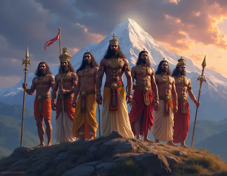 The seven Chiranjeevi in Hindu mythology all 7 standing together with weapons on mountain in the evening , snowy and green hills behind in backgroud, dramatic sky