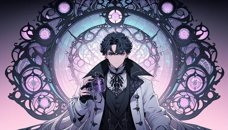 Create a gorgeous anime-style illustration of a full-body man in a gothic-style doctors lab coat, holding a flask in his hands. The design incorporates gothic elements such as lace, ribbons and Victorian details to create an elegant and intricate style of ...