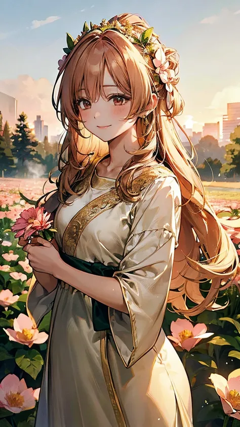 A serene woman standing barefoot in a vast flower field at sunrise, holding a flower crown in her hands. She has golden, flowing hair and wears a soft pastel-colored long dress. Her gentle smile radiates a calm and natural beauty. The background features a...