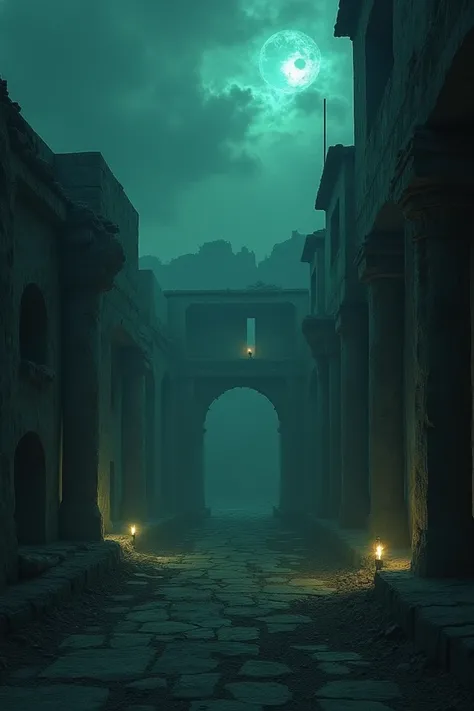 A spooky night view of Kuldhara with ghostly shadows, faint whispers, and glowing orbs, adding to the mystery of the haunted ruins,Now the ruined village has become deserted and haunted, night time scene should be shown, it is a scene of Rajasthan.
