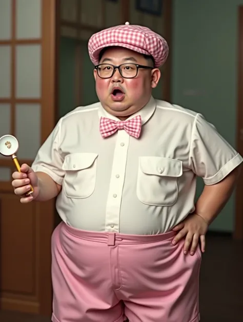  A fat Kim Jong-un 40 years old , round face, pot belly , Very Short Hair,  wearing a pink and white checkered flat hat ,  matching bow tie , white shirt,  pink shorts ,  and pink glasses ,  is standing holding a small, withered ba, open mouth , The living...