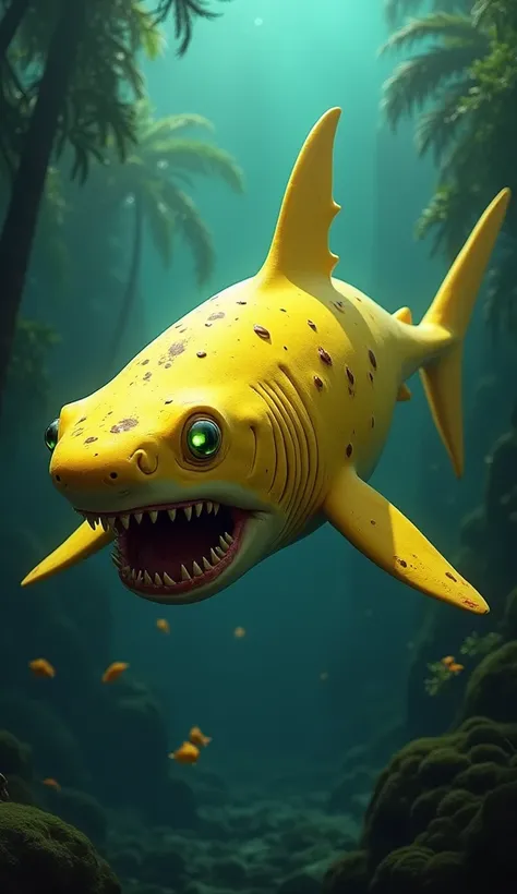 Create an image of a terrifying hybrid creature that combines the features of a banana and a shark. This predator has the sleek, streamlined body of a shark, but its skin is bright yellow with black speckles like a ripe banana. Its dorsal fin curves slight...