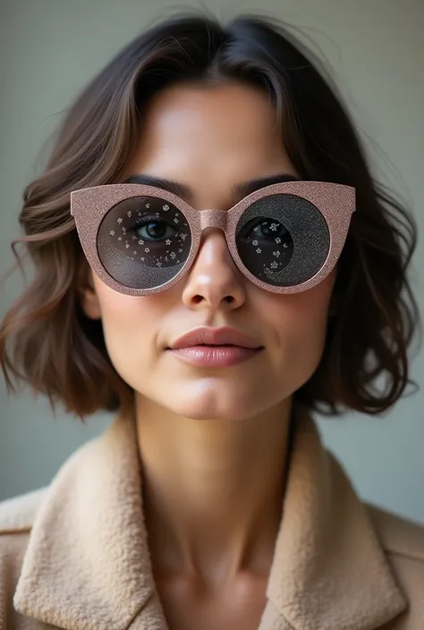 The model is wearing glass sunglasses with stars and the moon on the glass