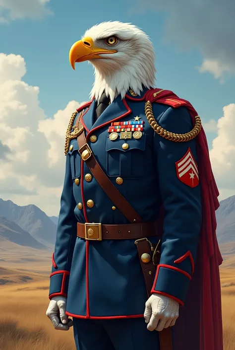 A bald eagle soldier wearing a military uniform with American flag colors.   