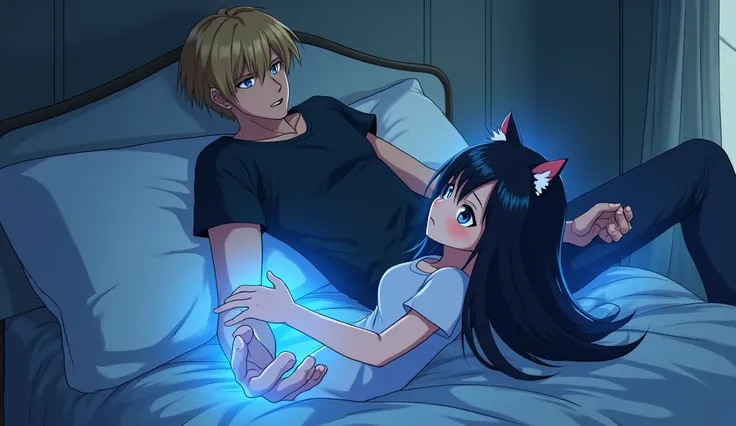 A guy with blonde hair, gray eyes, Beautiful face, beautiful body, looking shock, black T-shirt, black trousers, sitting leaning against the bed, A black hair cute girl with cat ears and tail, girl has glowing blue aura, girl floating in air, girl fell dow...