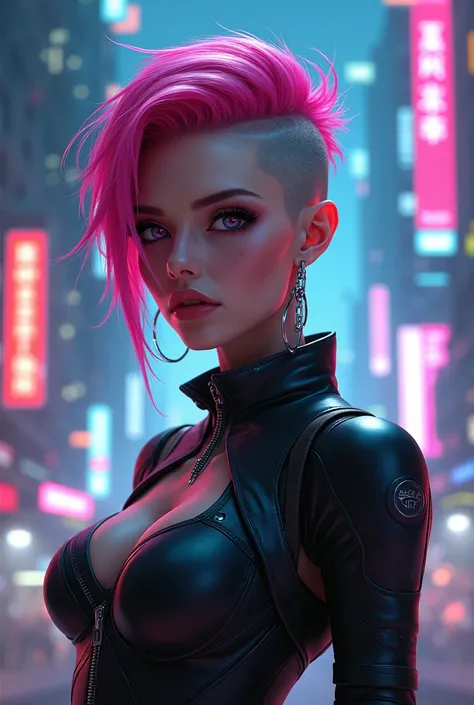 sexy Cyberpunk Woman, short sidecut pink hair