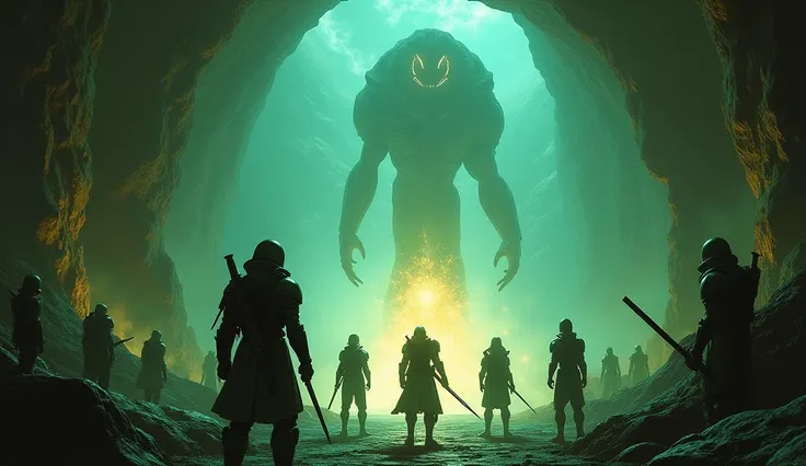 "An intense, epic scene inside a glowing alien cave, with a large, pulsating crystal at its center. A diverse group of human explorers, dressed in futuristic armor, stand in front of the crystal, preparing to face shadowy, humanoid guardians with glowing e...