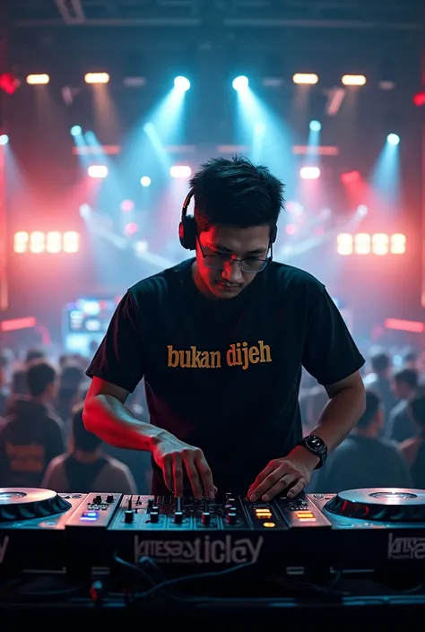 Asian man wearing glasses, neat short hairstyle, dark brown hair color, wearing a headset, wearing a black t-shirt that says "BUKAN DIJJEH" in gold, black levis pants, playing disk jockey, The screen background is very large, realistic, very detailed.
