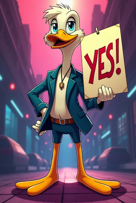 Crypto chad duck, similar to johny bravo, skinny, nerd like duck holding a poster that says "Yes!"