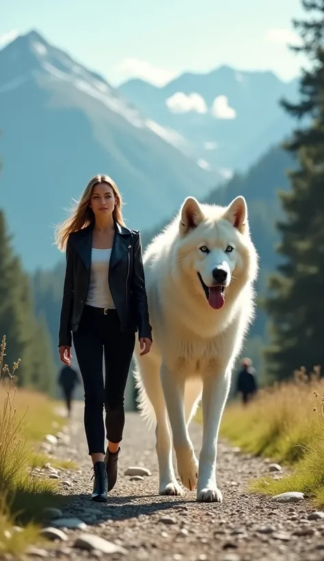 A hyper-photorealistic outdoor portrait of a confident woman in her early 30s, dressed in a sleek black leather jacket, fitted pants, and stylish ankle boots, walking a single colossal, majestic white dog resembling an Arctic wolf on a thick leather leash....