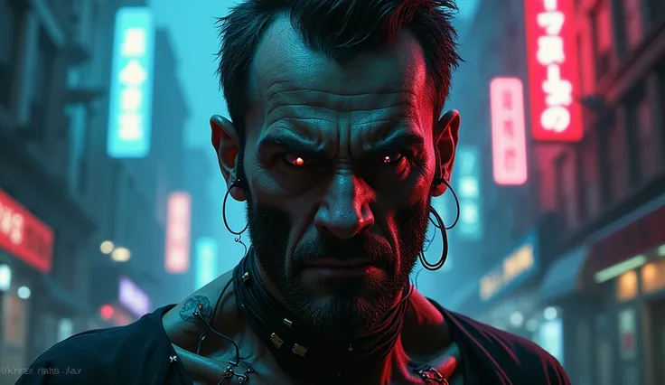 Illustration of the man with the look of the face wants revenge in cyberpunk theme, Horror, 