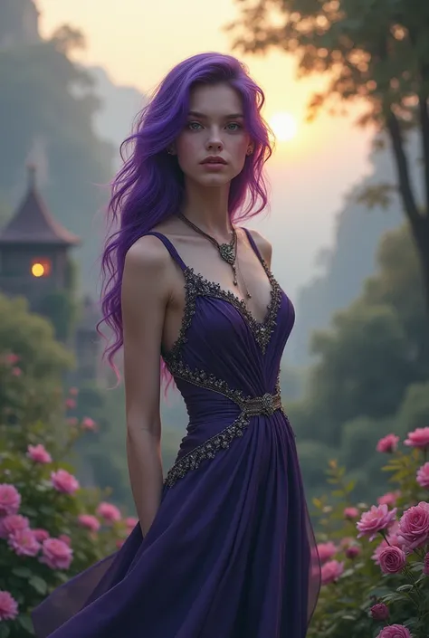 Ethereal fantasy concept art of a gorgeous stunning sexy young woman with purple hair, dressed in a sexy seductive forest warrior dress, posing in an aesthetic pose. In the background you can see a green fairytale valley, small houses of gnomes , bokeh. Ti...