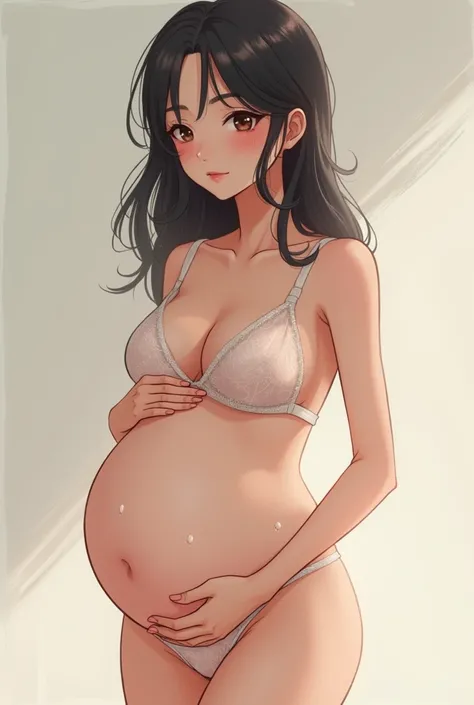 Anime girl , thin transparent white bra, thong, pregnant, producing milk, nipples visible through the bra