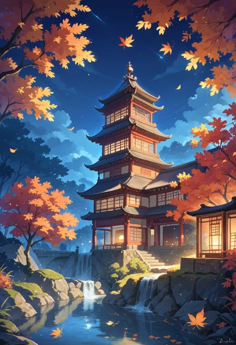 1 scene illustration ， Two-dimensional Style ，night， Ancient Japanese architecture ，slate，Creek，forest，Maple Leaf， Dazzling light passing through the leaves， emits fog in the air， The atmosphere of the illustration ，Particle light ，Close to real lighting